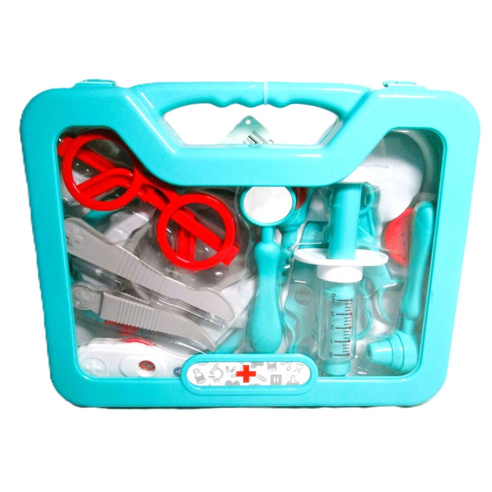 Pretend Play Child's Doctor Nurse Medical Kit 12 Piece Green Plastic Carry Case